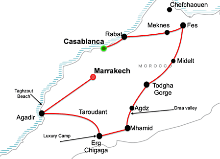 Imperial cities of morocco 9 days tour map